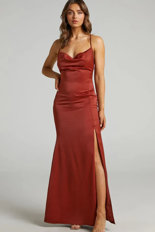 A Final Toast Midi Dress 8211 Cowl Neck Thigh Split Dress In Copper Satin Women Showpo Dresses A Final Toast Midi Dress 8211 Cowl Neck Thigh Split Dress In Copper Satin Women Showpo Dresses
