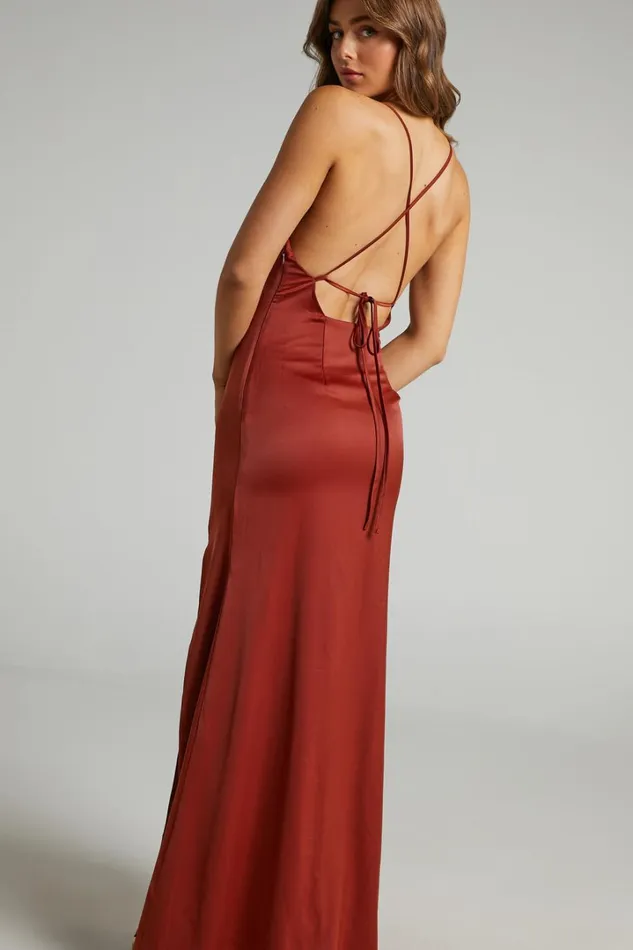 A Final Toast Midi Dress 8211 Cowl Neck Thigh Split Dress In Copper Satin Women Showpo Dresses