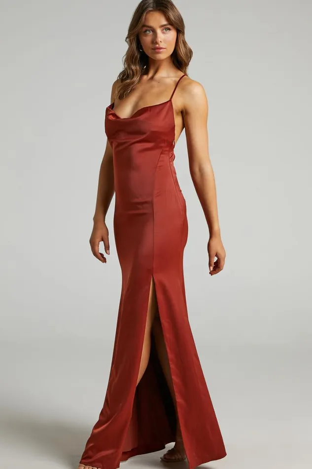 A Final Toast Midi Dress 8211 Cowl Neck Thigh Split Dress In Copper Satin Women Showpo Dresses