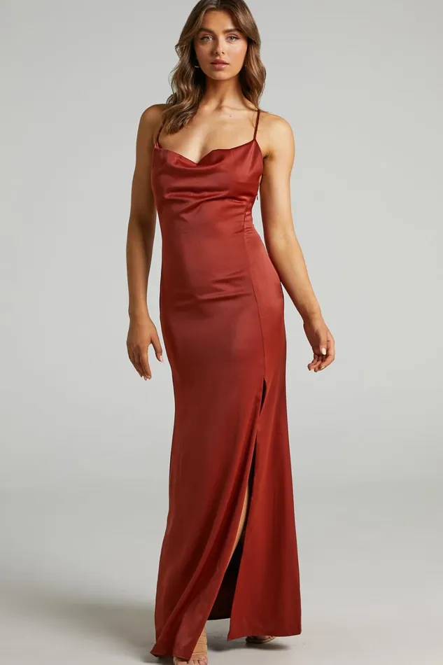 A Final Toast Midi Dress 8211 Cowl Neck Thigh Split Dress In Copper Satin Women Showpo Dresses