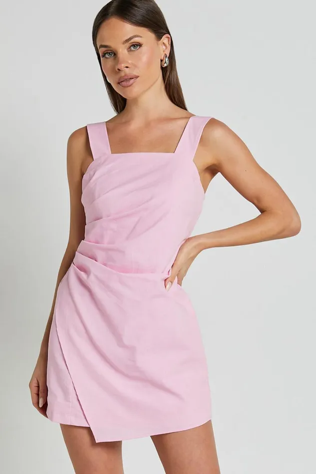 Abby Mini Dress 8211 Straight Neck Wide Strap Wrap Dress In Pink Women Showpo Conscious
