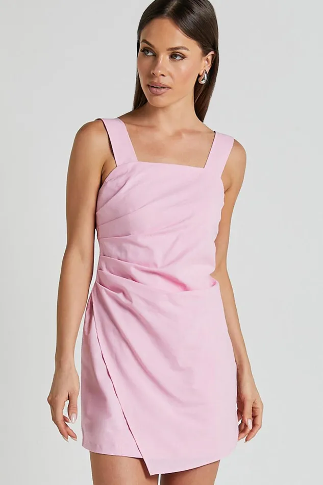 Abby Mini Dress 8211 Straight Neck Wide Strap Wrap Dress In Pink Women Showpo Conscious