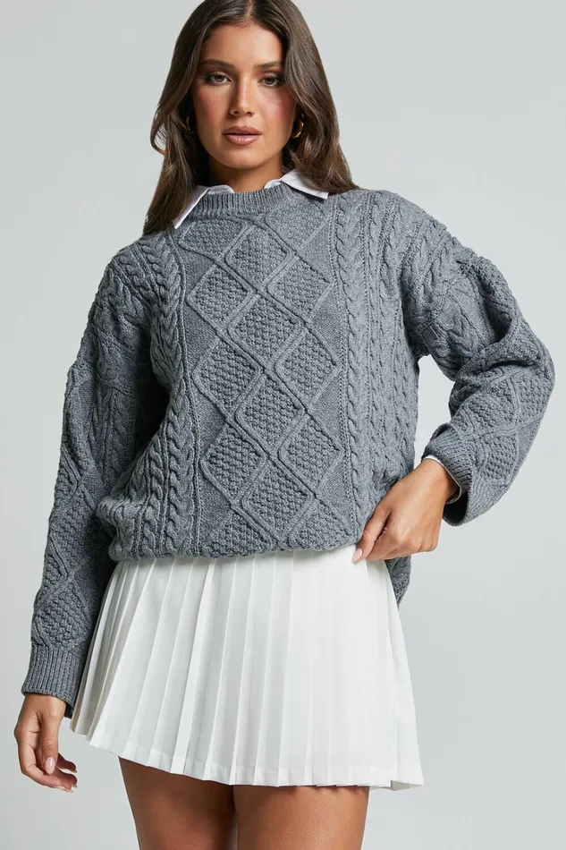 Adeline Jumper 8211 Oversized Crew Neck Cable Knit Jumper In Grey Women Showpo Sweaters and Cardigans