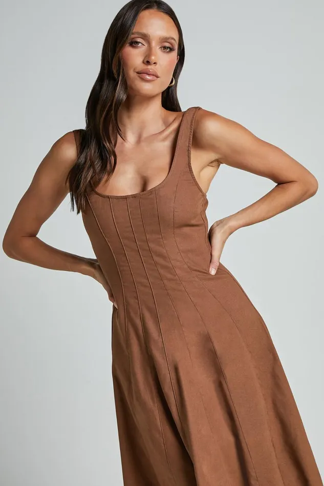 Adelyn Midi Dress 8211 Square Neck Sleeveless A Line Dress In Tobacco Women Showpo Dresses