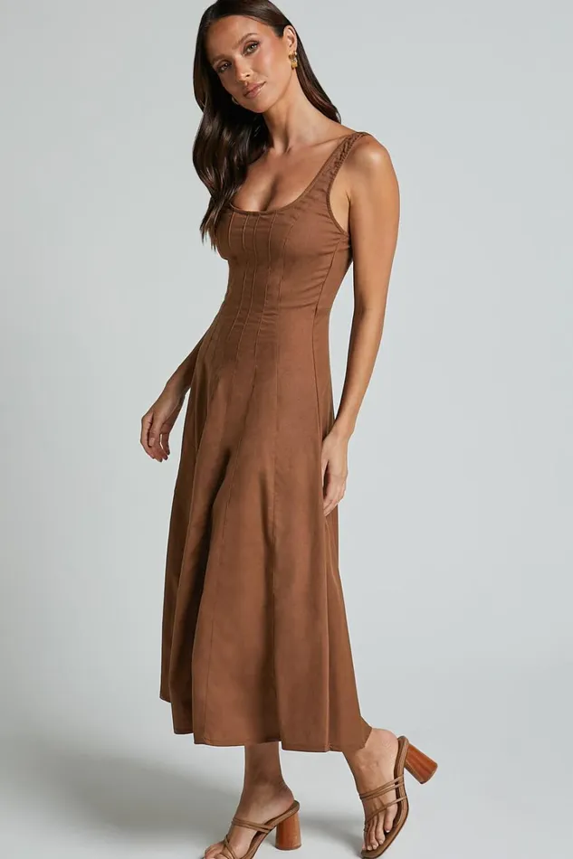 Adelyn Midi Dress 8211 Square Neck Sleeveless A Line Dress In Tobacco Women Showpo Dresses