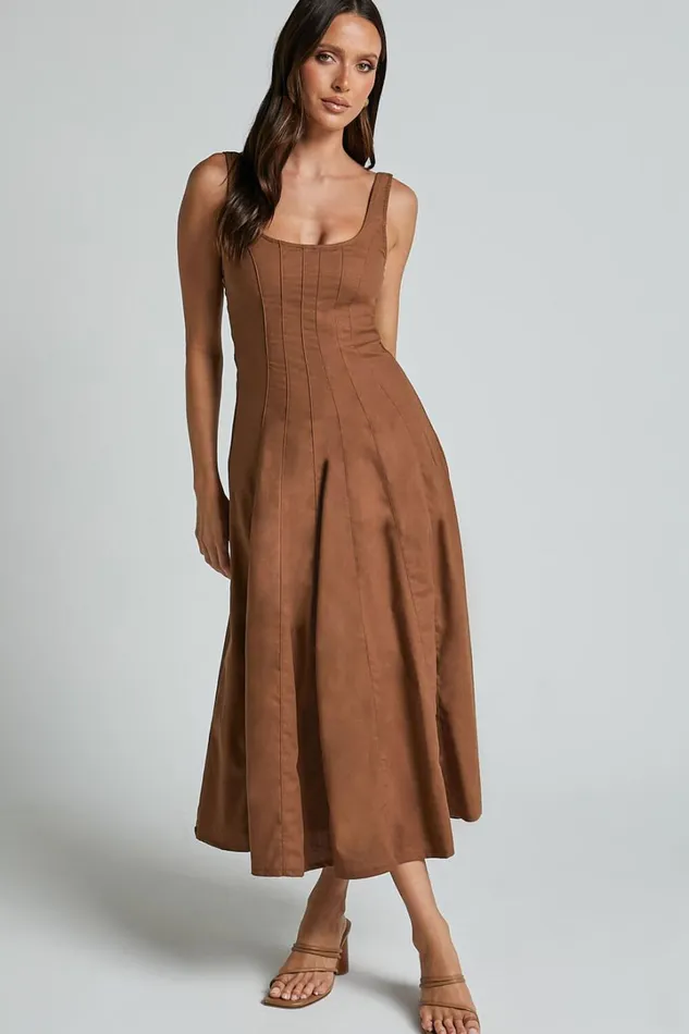 Adelyn Midi Dress 8211 Square Neck Sleeveless A Line Dress In Tobacco Women Showpo Dresses
