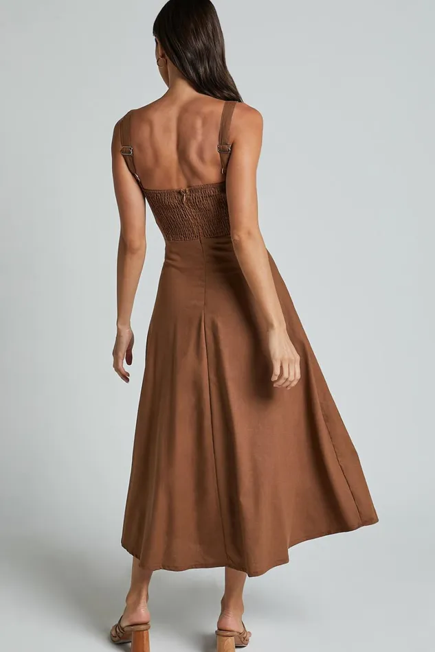 Adelyn Midi Dress 8211 Square Neck Sleeveless A Line Dress In Tobacco Women Showpo Dresses