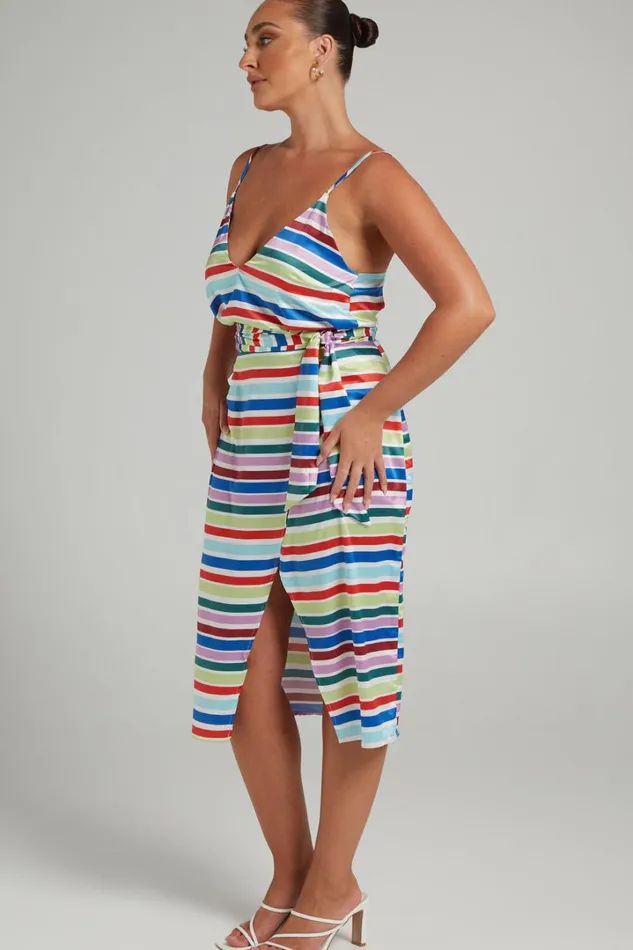 Aelwin Top 8211 Plunge Cami Top In Multi Stripe Satin Women Showpo Tops
