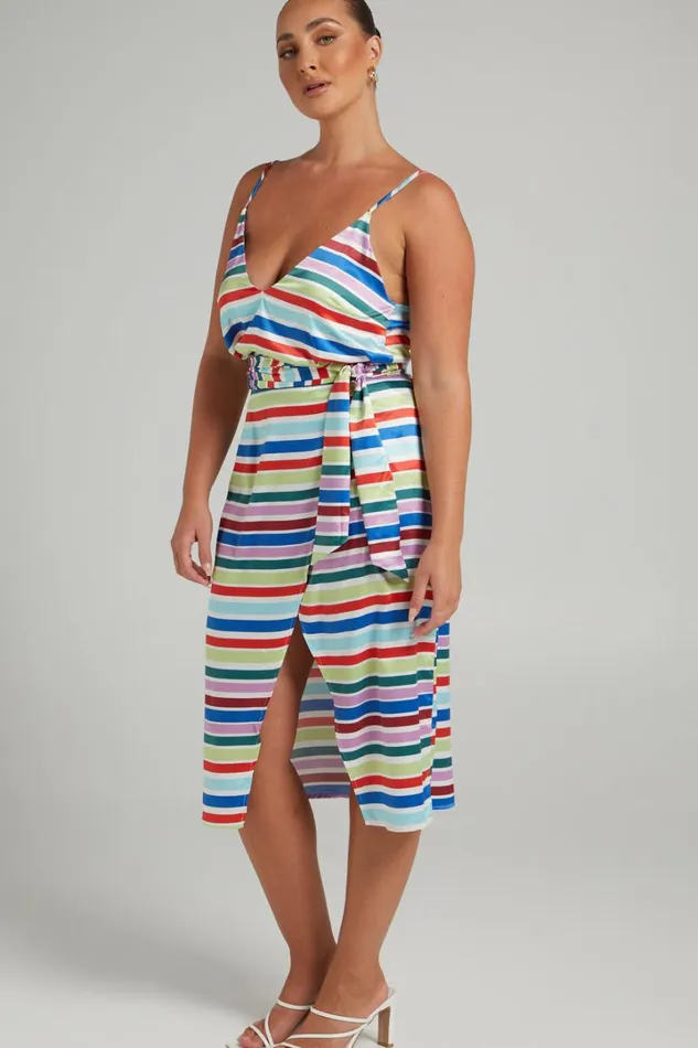 Aelwin Top 8211 Plunge Cami Top In Multi Stripe Satin Women Showpo Tops
