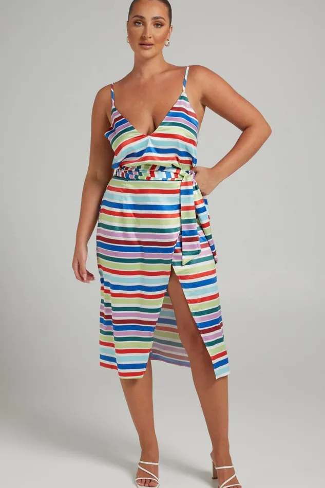 Aelwin Top 8211 Plunge Cami Top In Multi Stripe Satin Women Showpo Tops