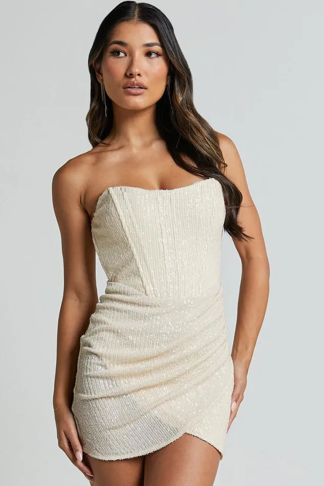 Akhira Mini Dress 8211 Corset Detail Strapless Sequin Dress In Off White Women Showpo Dresses