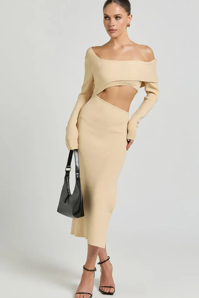 Alabama Midi Dress 8211 Off One Shoulder Asymmetric Long Sleeve Knit Dress In Sand Women Showpo Dresses