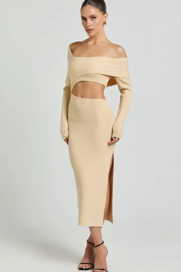 Alabama Midi Dress 8211 Off One Shoulder Asymmetric Long Sleeve Knit Dress In Sand Women Showpo Dresses
