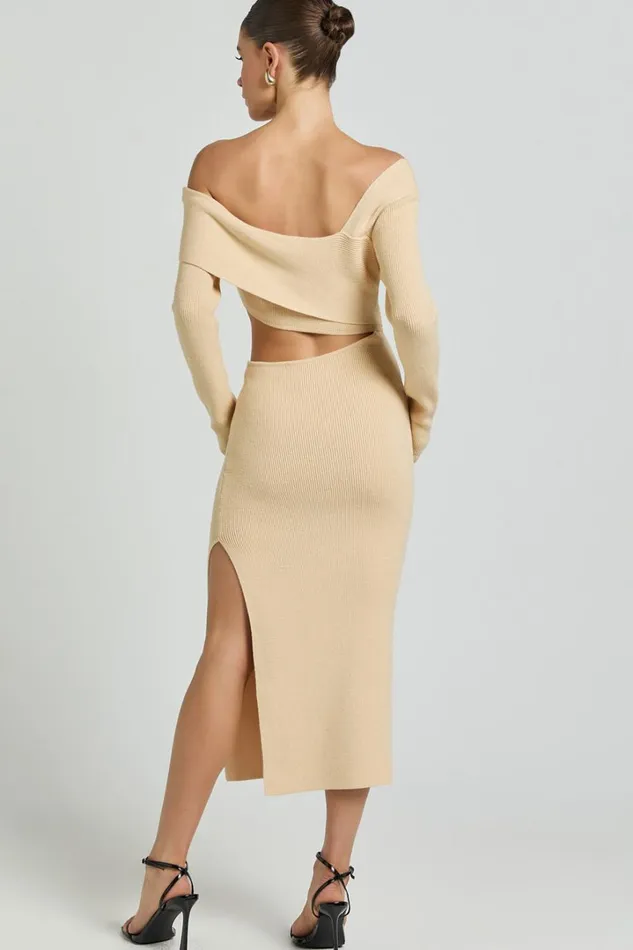 Alabama Midi Dress 8211 Off One Shoulder Asymmetric Long Sleeve Knit Dress In Sand Women Showpo Dresses