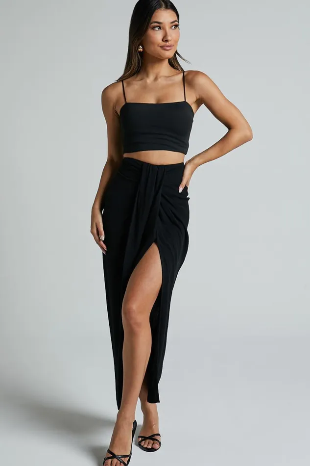 Alanna Midi Skirt 8211 Linen Look Thigh Split Wrap Skirt In Black Women Showpo Skirts