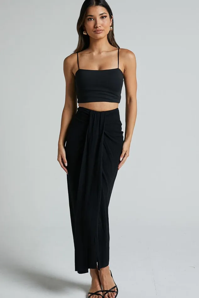 Alanna Midi Skirt 8211 Linen Look Thigh Split Wrap Skirt In Black Women Showpo Skirts
