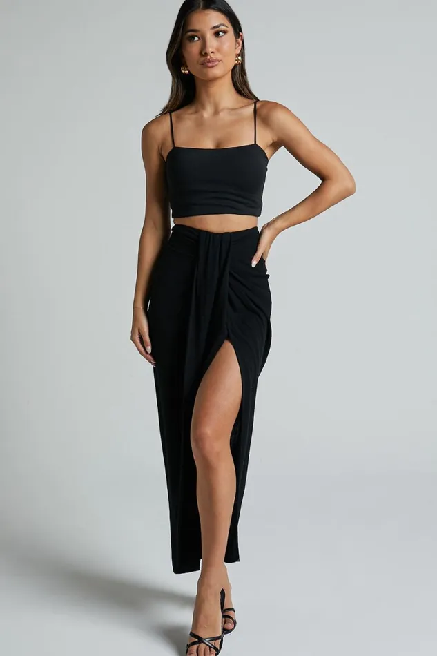 Alanna Midi Skirt 8211 Linen Look Thigh Split Wrap Skirt In Black Women Showpo Skirts