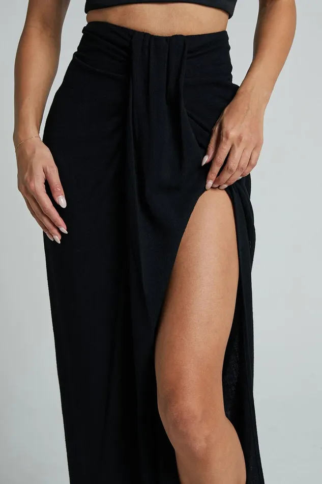 Alanna Midi Skirt 8211 Linen Look Thigh Split Wrap Skirt In Black Women Showpo Skirts