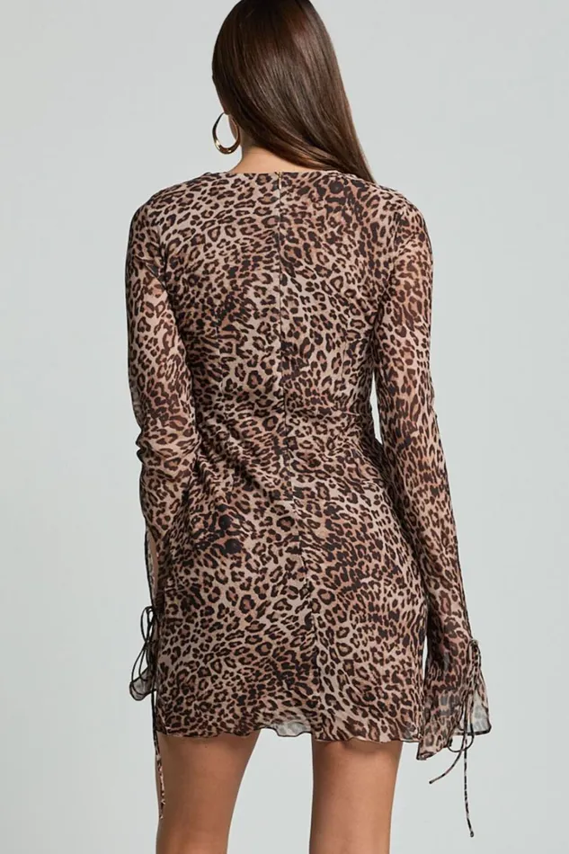Alesya Mini Dress 8211 Ruffle Plunge Neck Long Sleeve Tie Detail Dress In Tonal Leopard Women Showpo Dresses