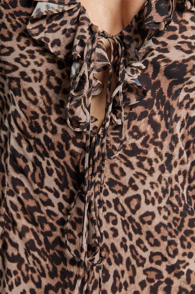 Alesya Mini Dress 8211 Ruffle Plunge Neck Long Sleeve Tie Detail Dress In Tonal Leopard Women Showpo Dresses