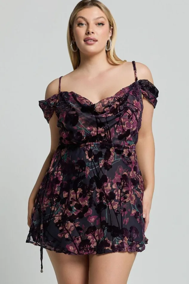 Aletta Mini Dress 8211 Strappy Off Shoulder Cowl Neck Dress In Aletta Burn Out Floral Women Showpo Curve Clothes