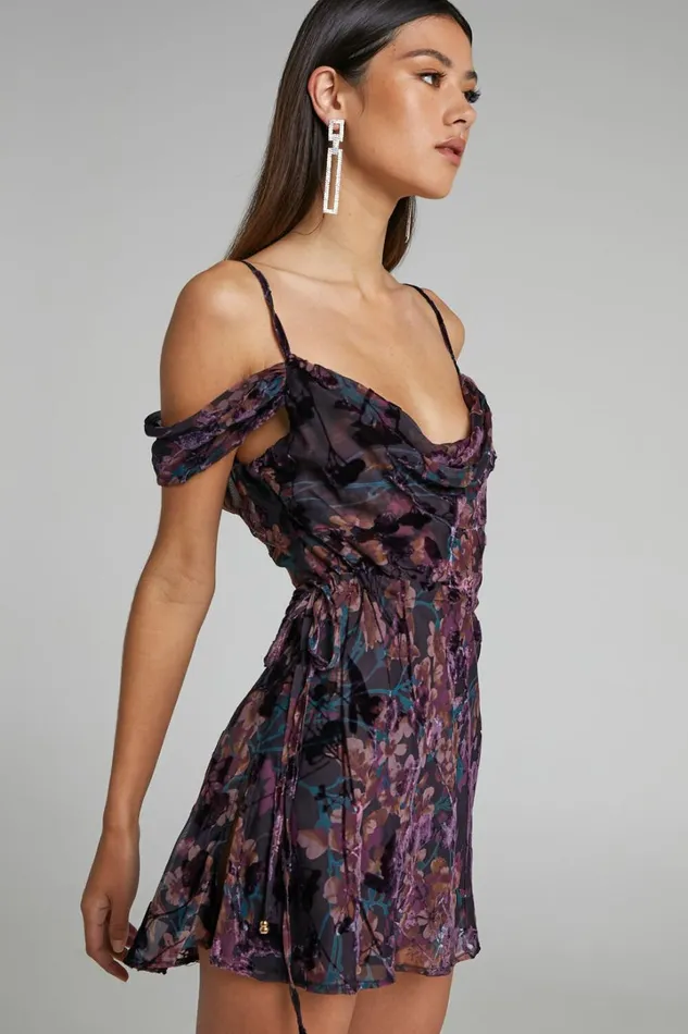 Aletta Mini Dress 8211 Strappy Off Shoulder Cowl Neck Dress In Aletta Burn Out Floral Women Showpo Curve Clothes