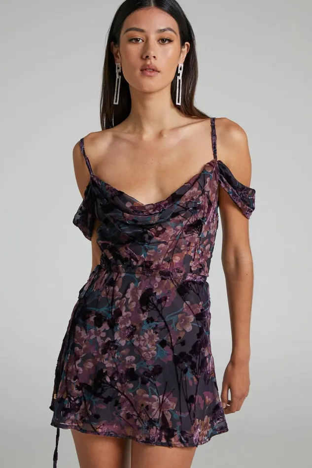 Aletta Mini Dress 8211 Strappy Off Shoulder Cowl Neck Dress In Aletta Burn Out Floral Women Showpo Curve Clothes