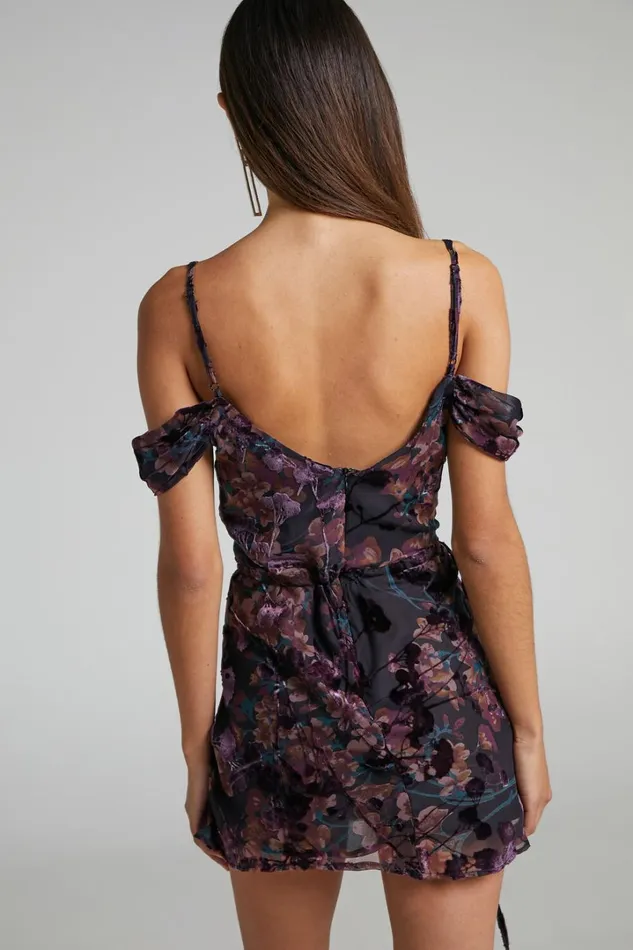 Aletta Mini Dress 8211 Strappy Off Shoulder Cowl Neck Dress In Aletta Burn Out Floral Women Showpo Curve Clothes