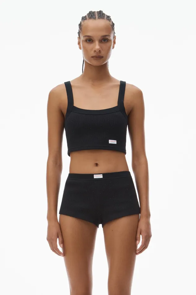 Alexander Wang Bodywear Crystal Hotfix Cropped Camisole In Waffle Knit