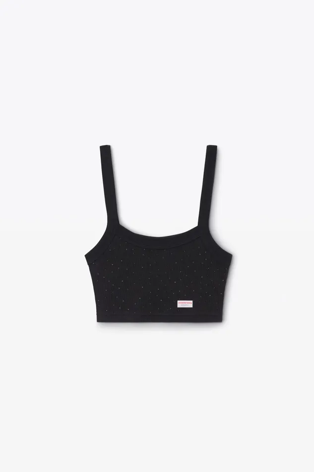 Alexander Wang Bodywear Crystal Hotfix Cropped Camisole In Waffle Knit