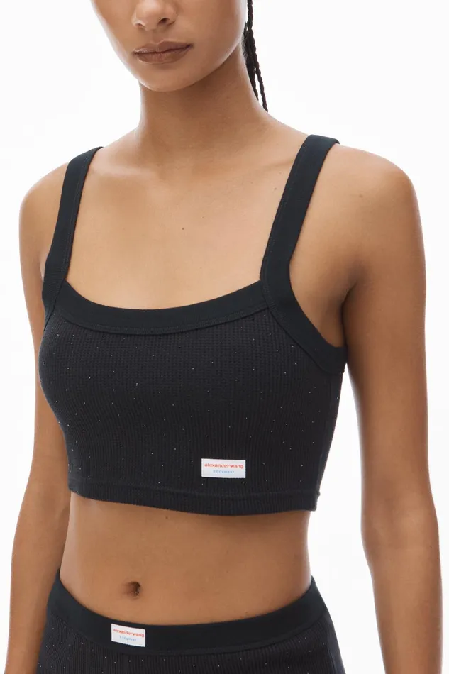 Alexander Wang Bodywear Crystal Hotfix Cropped Camisole In Waffle Knit