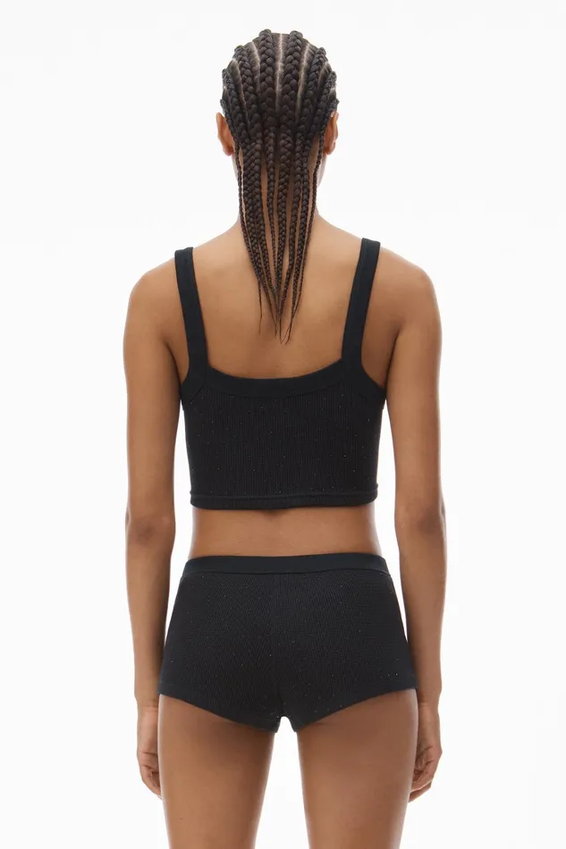 Alexander Wang Bodywear Crystal Hotfix Cropped Camisole In Waffle Knit