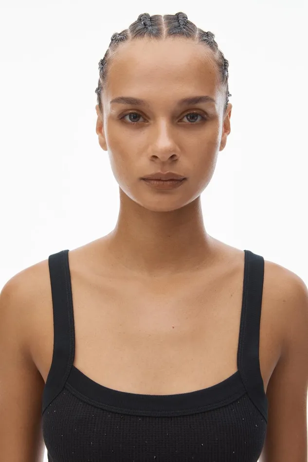 Alexander Wang Bodywear Crystal Hotfix Cropped Camisole In Waffle Knit