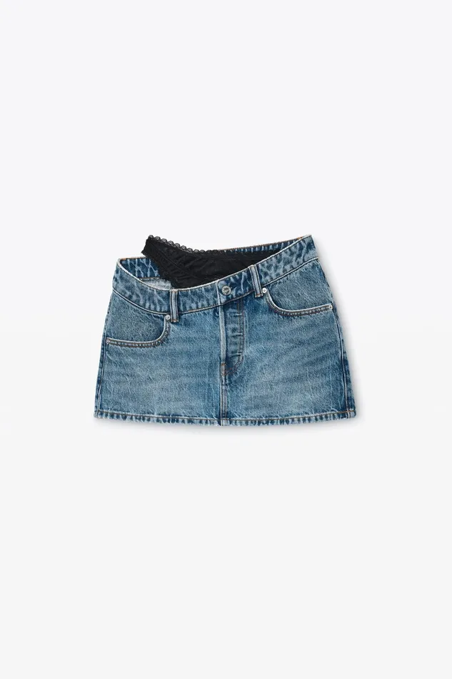 Alexander Wang Denim PreStyled Denim Skirt With Asymmetrical Lace Waistband 8211 Women