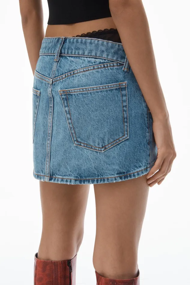 Alexander Wang Denim PreStyled Denim Skirt With Asymmetrical Lace Waistband 8211 Women