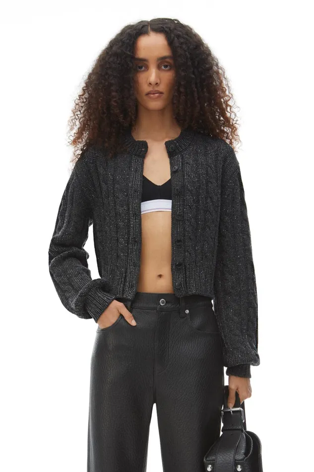 Alexander Wang Sweaters Clear Bead Hotfix CableKnit Cardigan In Boiled Wool 8211 Women