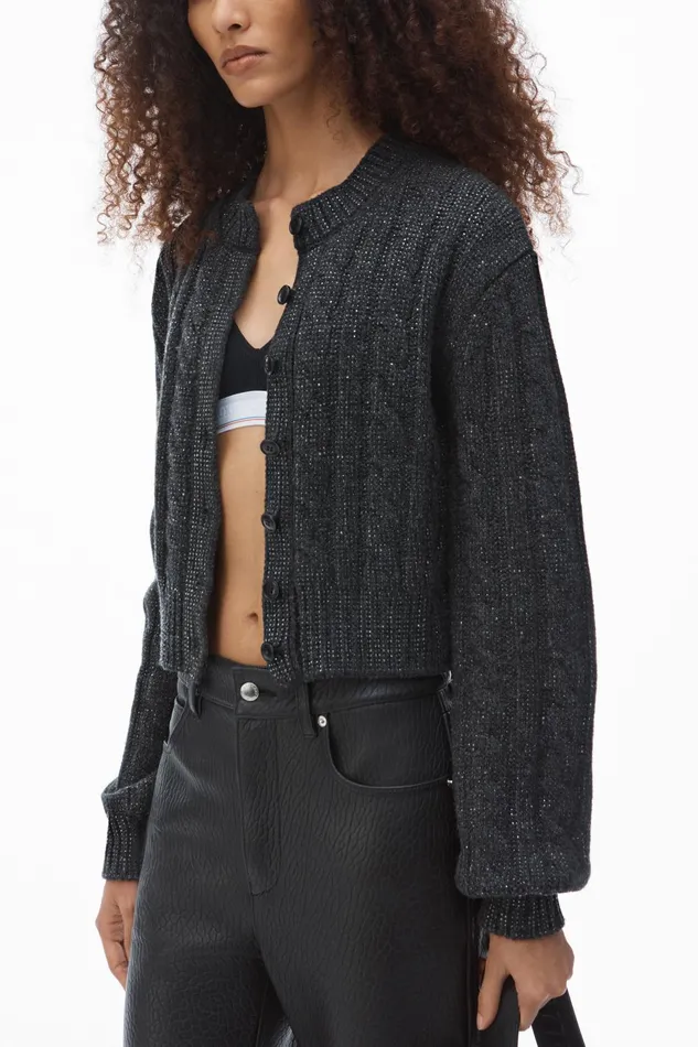 Alexander Wang Sweaters Clear Bead Hotfix CableKnit Cardigan In Boiled Wool 8211 Women