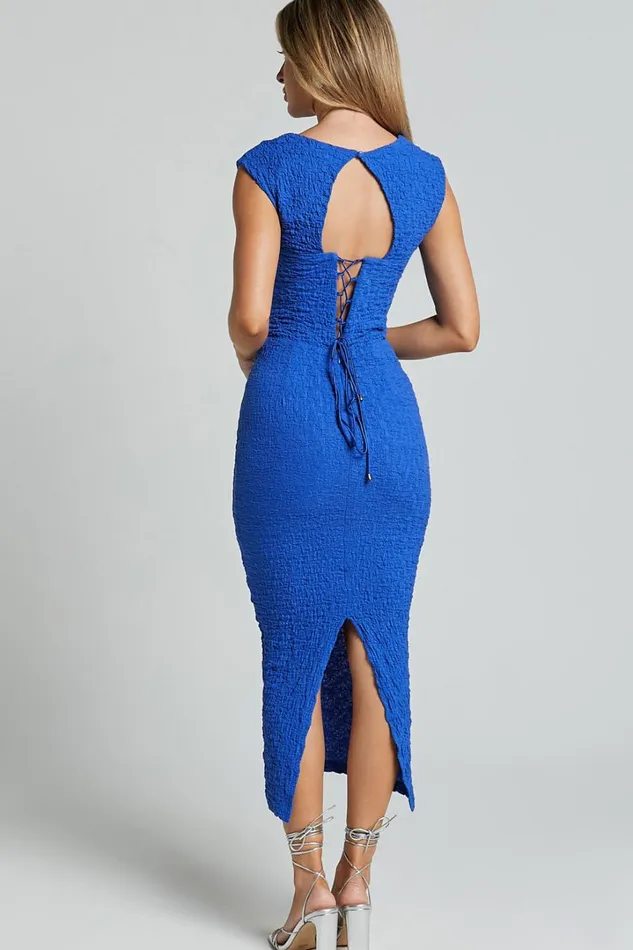 Alfie Midi Dress 8211 High Neck Sleeveless Cut Out Front Dress In Cobalt Blue Women Showpo Dresses