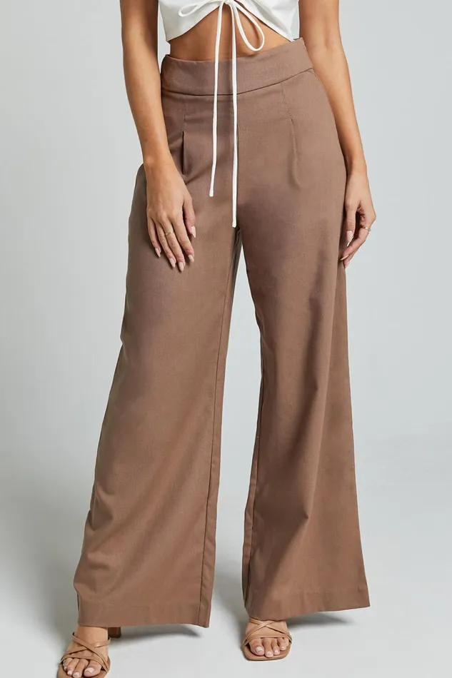Alina Pants 8211 Linen Look High Waisted Wide Leg Relaxed Pants In Mocha Women Showpo Pants