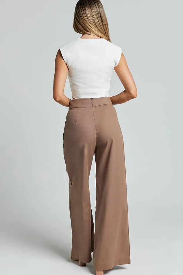 Alina Pants 8211 Linen Look High Waisted Wide Leg Relaxed Pants In Mocha Women Showpo Pants
