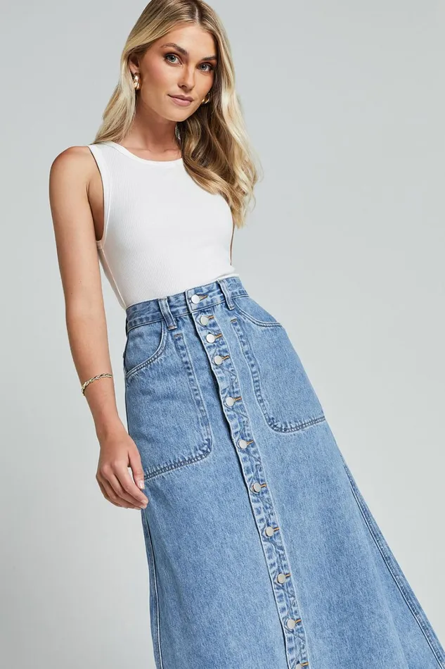 Alisa Midi Skirt 8211 Button Through A Line Denim In Mid Blue Wash Women Showpo Modest Clothing