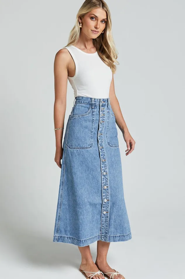 Alisa Midi Skirt 8211 Button Through A Line Denim In Mid Blue Wash Women Showpo Modest Clothing