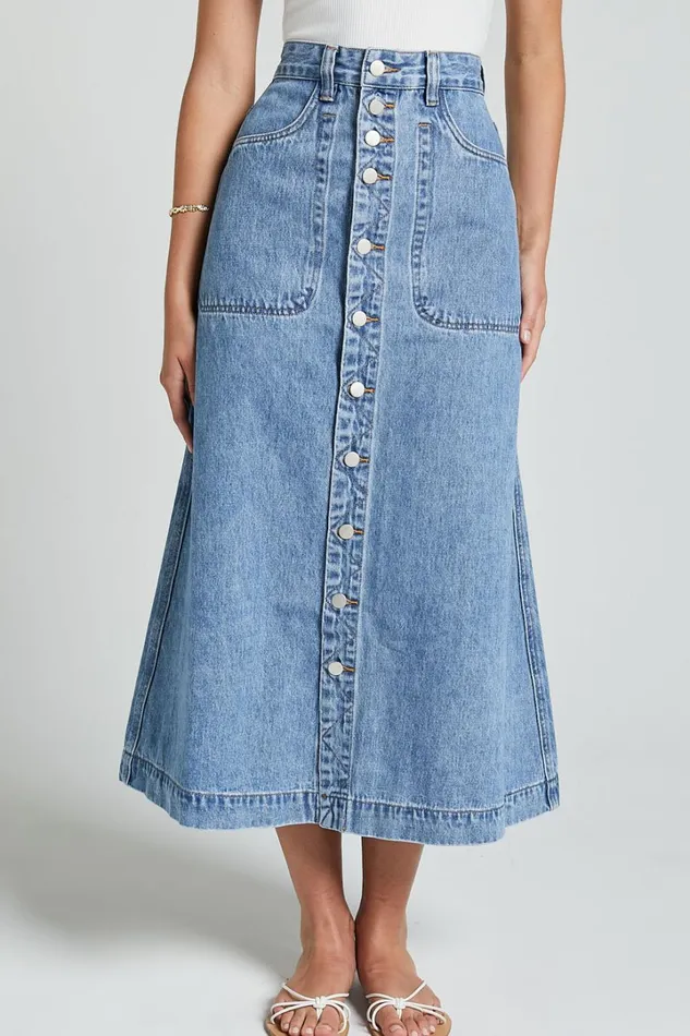 Alisa Midi Skirt 8211 Button Through A Line Denim In Mid Blue Wash Women Showpo Modest Clothing