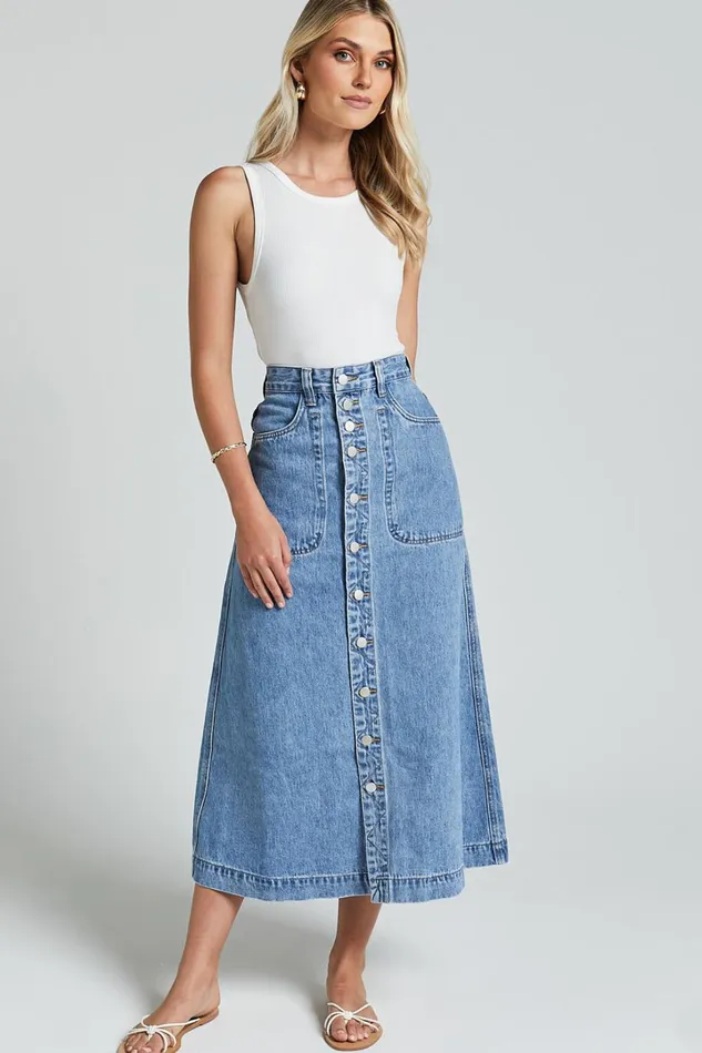 Alisa Midi Skirt 8211 Button Through A Line Denim In Mid Blue Wash Women Showpo Modest Clothing