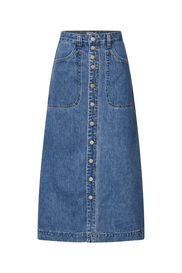 Alisa Midi Skirt 8211 Button Through A Line Denim In Mid Blue Wash Women Showpo Modest Clothing