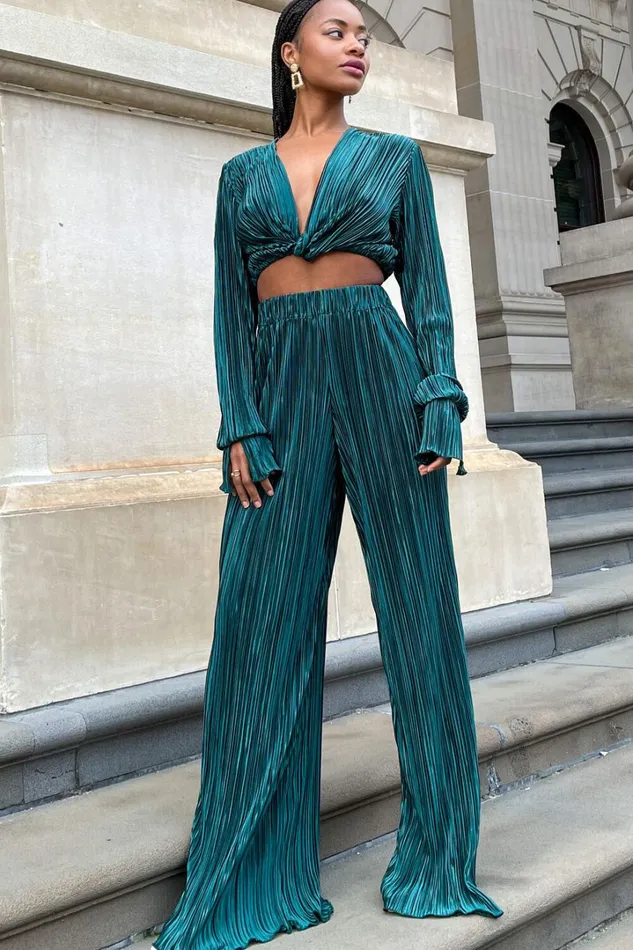 Aluna Two Piece Set 8211 Plisse Twist Front Crop Top And Wide Leg Pants Set In Forest Green Women Showpo Modest Clothing Aluna Two Piece Set 8211 Plisse Twist Front Crop Top And Wide Leg Pants Set In Forest Green Women Showpo Modest Clothing