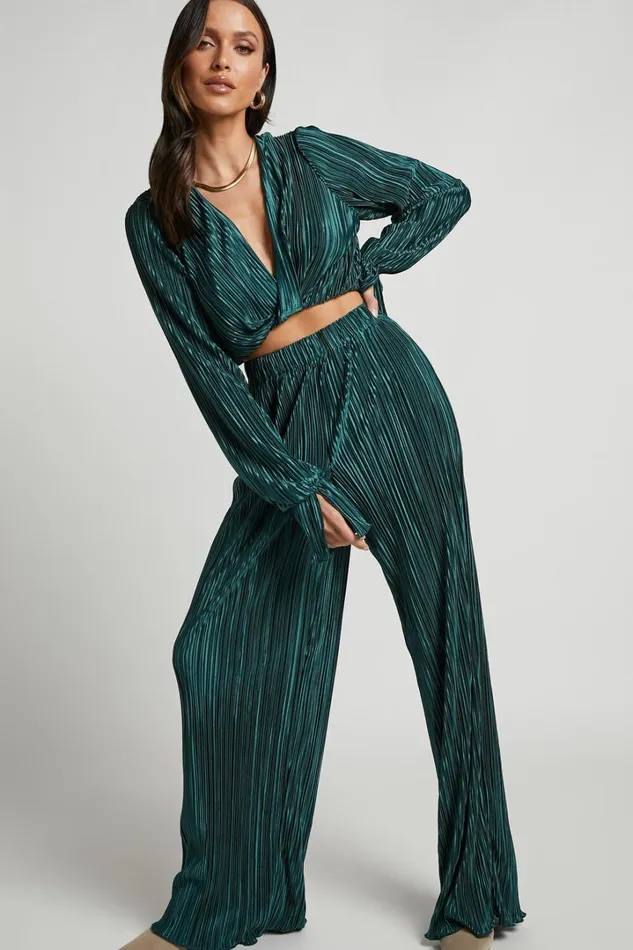 Aluna Two Piece Set 8211 Plisse Twist Front Crop Top And Wide Leg Pants Set In Forest Green Women Showpo Modest Clothing Aluna Two Piece Set 8211 Plisse Twist Front Crop Top And Wide Leg Pants Set In Forest Green Women Showpo Modest Clothing