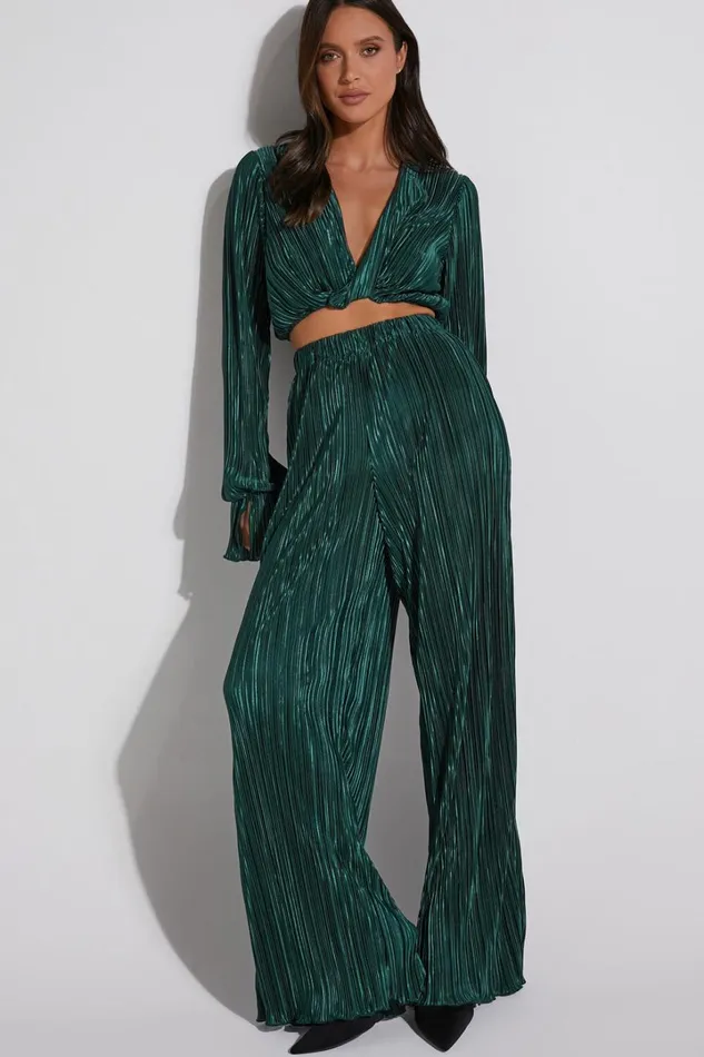 Aluna Two Piece Set 8211 Plisse Twist Front Crop Top And Wide Leg Pants Set In Forest Green Women Showpo Modest Clothing Aluna Two Piece Set 8211 Plisse Twist Front Crop Top And Wide Leg Pants Set In Forest Green Women Showpo Modest Clothing