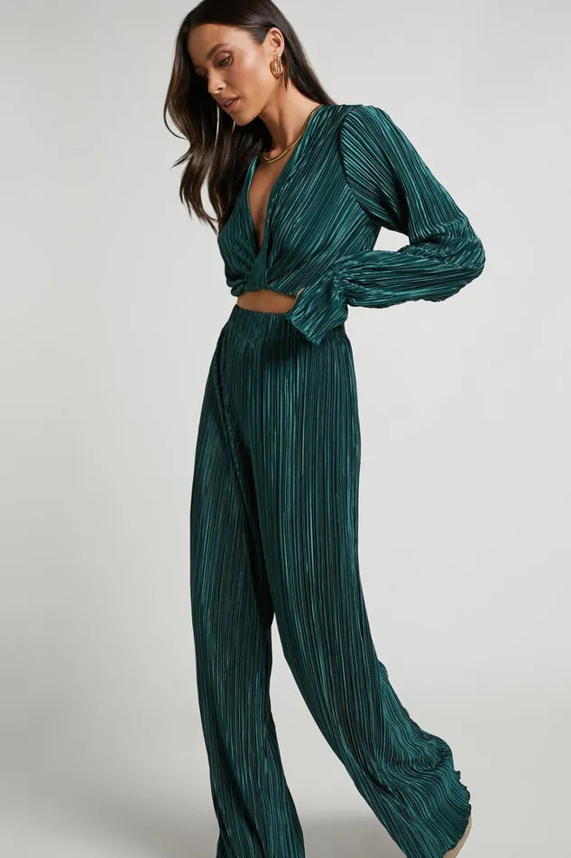 Aluna Two Piece Set 8211 Plisse Twist Front Crop Top And Wide Leg Pants Set In Forest Green Women Showpo Modest Clothing Aluna Two Piece Set 8211 Plisse Twist Front Crop Top And Wide Leg Pants Set In Forest Green Women Showpo Modest Clothing