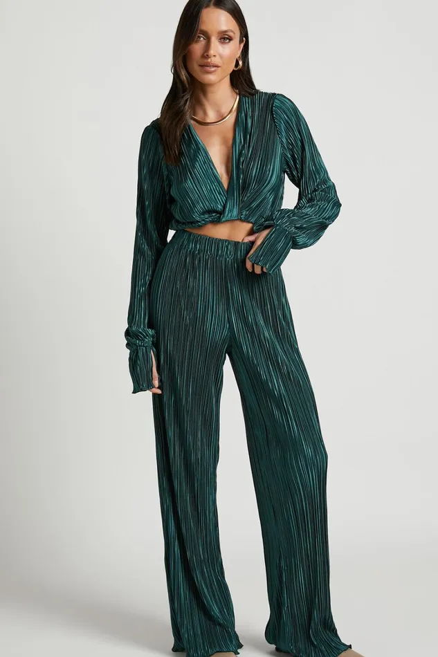 Aluna Two Piece Set 8211 Plisse Twist Front Crop Top And Wide Leg Pants Set In Forest Green Women Showpo Modest Clothing Aluna Two Piece Set 8211 Plisse Twist Front Crop Top And Wide Leg Pants Set In Forest Green Women Showpo Modest Clothing